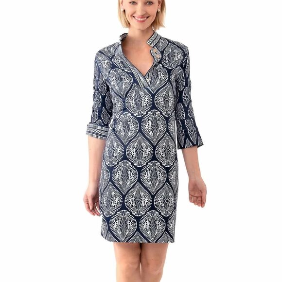 Gretchen Scott Jersey Mandarin Dress  Navy and White Leaf Pattern Dress Size S - Picture 1 of 14